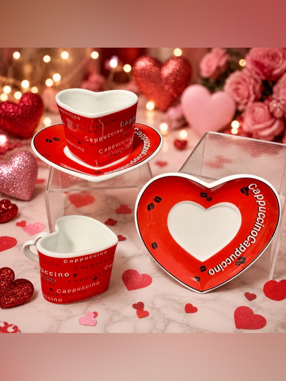 🔍(2) HEART-SHAPED CAPPUCCINO CUP & SAUCER SETS — RED & WHITE